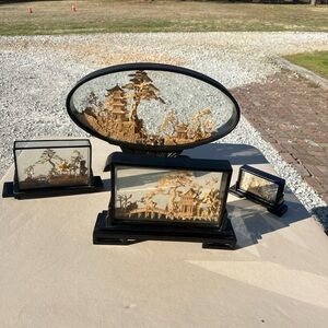 4 San You Cork Diorama Asian Decor Crane Pagoda Tree Vintage Art Antique Old HTF